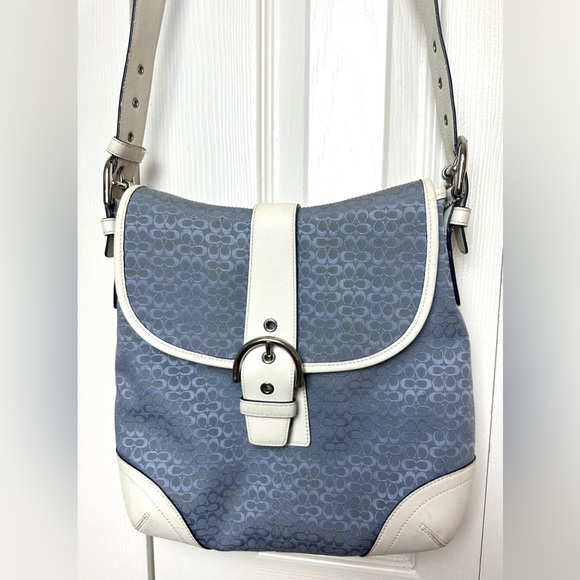 Coach Handbags - Vtg COACH Signature Jacquard Crossbody Purse Blue Canvas White Leather Y2K Bag